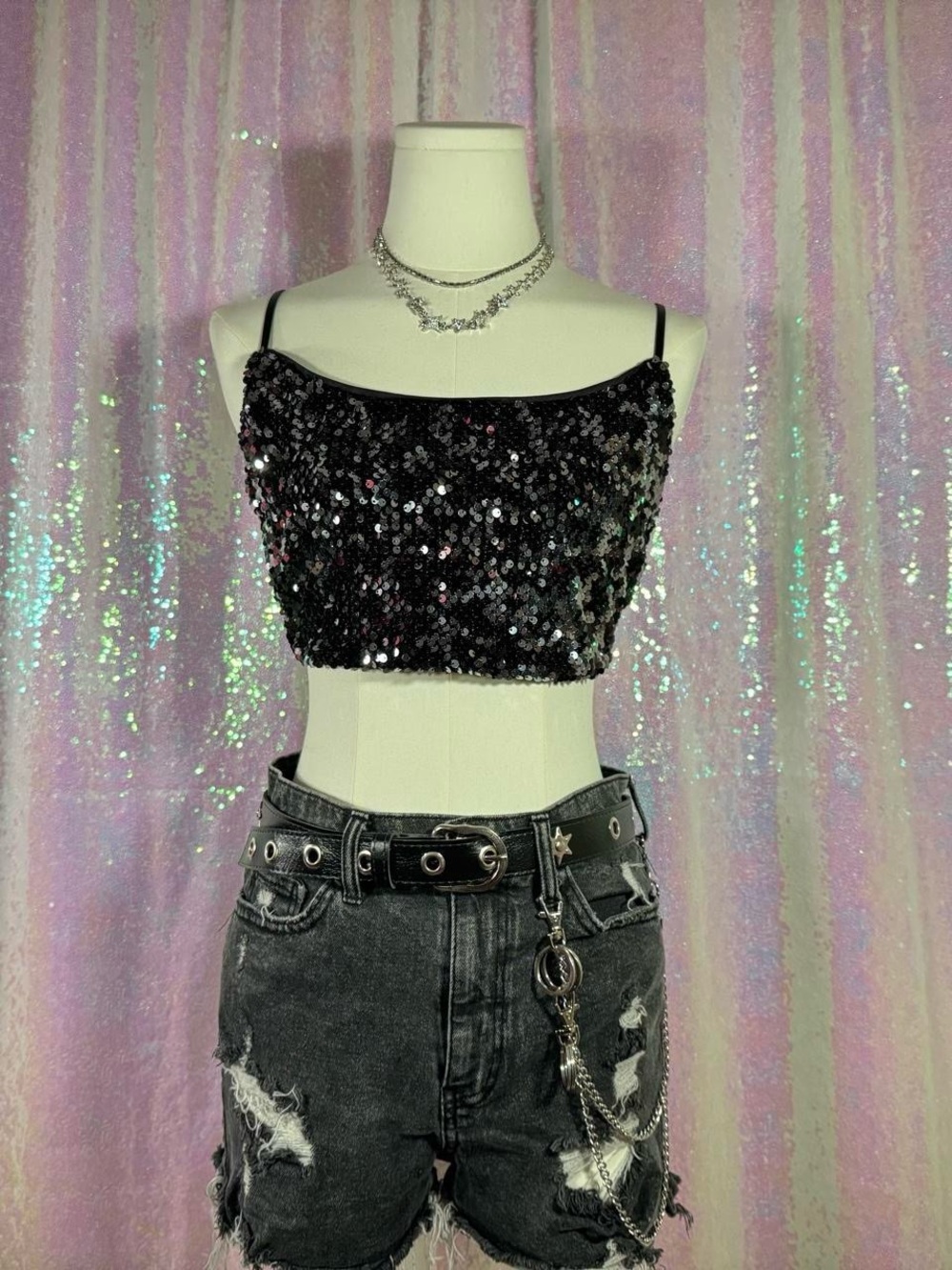 Garage Black & Silver Sequin Open Back Crop Top ★彡